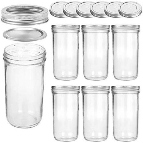 KAMOTA Wide Mouth Mason Jars 22 oz With Regular Lids and Bands, Ideal for Jam, Honey, Wedding Favors, Shower Favors, Baby Foods, DIY Magnetic Spice Jars, 6 PACK, 6 Silver Pipette Covers Included