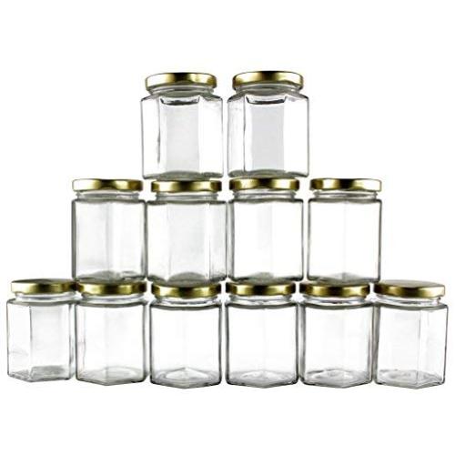 6-Ounce Hexagon Glass Jars (12-Pack); Empty Hex Jars w/Gold Lids for Party Favors, Jams, Samples & More