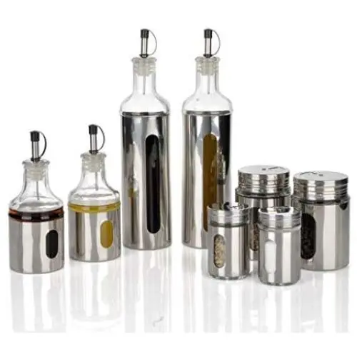 Bouteille d'Assaisonnement pour Cuisine, Ensemble de Pots à Condiments en Acier Inox pour Rangement de Cuisine, Combinaison Huile, Sel et Assaisonnements. Bouteille d'Assaisonnement pour Cuisine, Ensemble de Pots à Condiments en Acier Inox pour Rangement de Cuisine, Combinaison Huile, Sel et Assaisonnements.