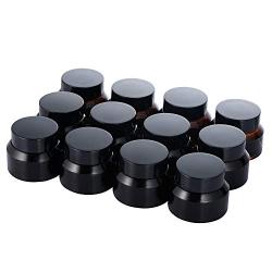 Glass Bottle Container Compatible for Cosmetic(12 Pack) Body Amber Color Cosmetic Glass Containers Empty Cream Jars (30ml, Amber Bottle + Black Cap)