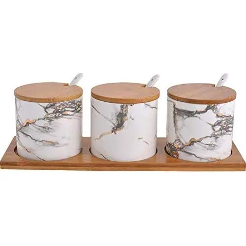 Ensemble de 3 Pots Céramiques Scandinave Moderne Style Citron, Contenants à Condiments en Porcelaine, Pots à Épices avec Couvercles et Cuillère, Plateau en Bois, Cruet Pot, pour Épices, Sucre, Café, Sel