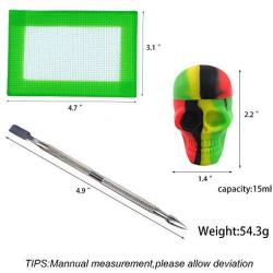TOPJAR Wax Carving Container Set (15ml Skull Series) - Rasta/Black Nonstick Silicone Jar & Green Small Mat & Carver Tool Each 1
