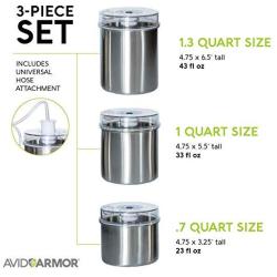 Vacuum Food Storage Canisters 3-Piece Set Stainless Container Bottoms, Clear See-Thru Lid with Vacuum Indicator and Universal Hose Attachment Keeps Food Fresh Coffee, Pasta, Fruit, Marinade Avid Armor