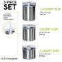 Vacuum Food Storage Canisters 3-Piece Set Stainless Container Bottoms, Clear See-Thru Lid with Vacuum Indicator and Universal Hose Attachment Keeps Food Fresh Coffee, Pasta, Fruit, Marinade Avid Armor