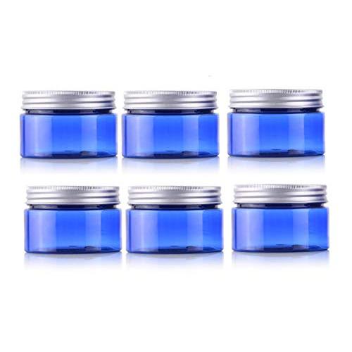 6Pcs 3.3 Ounce Blue Round Plastic Jars with Inner Liners and Aluminum Lids Empty Travel Sample Containers Bottles for Makeup Sample Lotion Facial Cream Mask Ointment