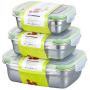 Food Storage Containers Set with Lids 3 Pack Meal Prep Containers Stainless Steel Kitchen Storage Box Airtight Leak Proof Easy Snap Lock Metal Container Set for Kitchen Use