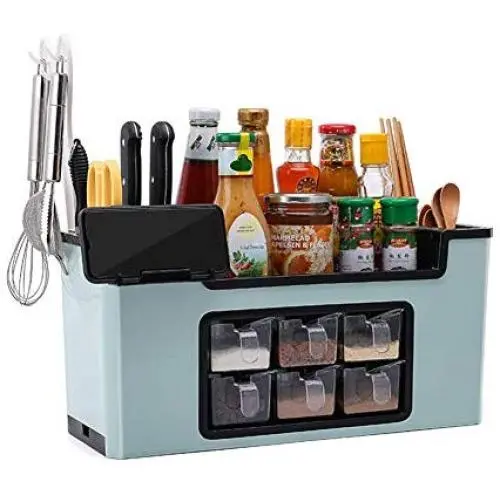 Boîte de Rangement pour Épices DNA18729 et Accessoires de Cuisine - Pinceaux, Pots, Couverts - Durable, Grande Capacité - Bleu Boîte de Rangement pour Épices DNA18729 et Accessoires de Cuisine - Pinceaux, Pots, Couverts - Durable, Grande Capacité - Bleu