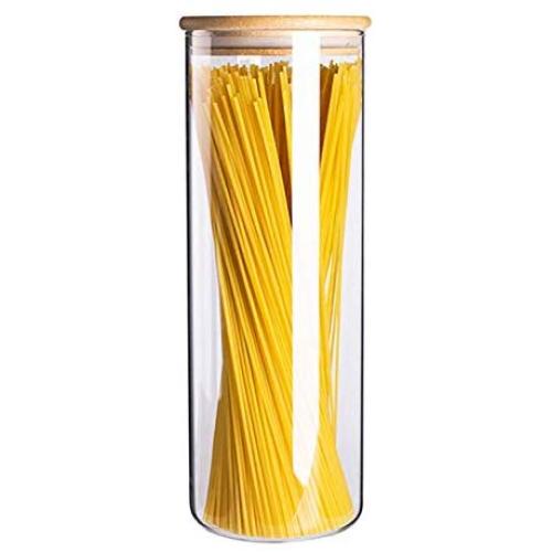 3.15 x 11 Inch Spaghetti Container, 38 OZ Airtight Glass Pasta Canister & Jar, Seal Pot with Clear Glass & Bamboo Lid, Kitchen Corner & Cabinet Organization, Dispenser for Cereal, Flour, Liquid