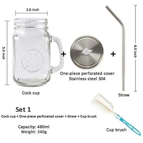 Glasbehälter mit Stroh-Canner, Glashaue für Smoothies, mit Deckeln zum Trinken und Lagern, wiederverwendbarer Behälter für Saft, Milch, Großpackungen, Kaffee, runder und quadratischer Glasbehälter (Set 1)