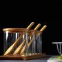 Danmu Glass Condiment Pots Bowls with Bamboo Lids, Spoon & Bamboo Base - Stylish Design Glass Storage Jar for Spices, Salt, Pepper, Coffee, Sugar, Seasoning, Ice Cream Toppings 300ML