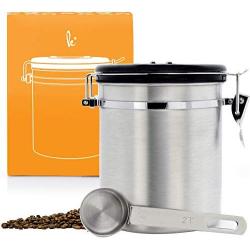 Coffee Storage Container with Scoop - Airfresh Valve Stainless Steel Metal Canister for Fresher Coffee Ground or Beans (Vienna Silver)