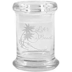 Clear Glass Herb Stash Jar and Lid 2.75 oz with Lifes a beach Logo from Smoke Promos