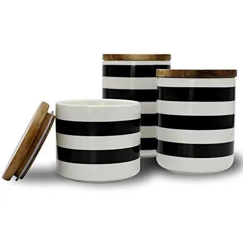 Ensemble de bocaux en céramique Sunddo avec couvercle en bambou – Parfait pour le café, le thé, le stockage des aliments, des bonbons, du sucre – Design moderne, pot en porcelaine, conteneur de cuisine, cadeau pour femmes, rond, blanc et noir, ensemble de