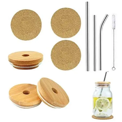 Bambus-Bauch-Gläser-Deckel mit Strohlöcher, 3er Pack – Wiederverwendbare Deckel für Weitmuнд-Bauch-Gläser mit 3er Pack Wiederverwendbare Edelstahl-Untersetzer und einer Reinigungsbürste