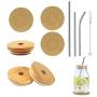 Bamboo Mason Jar Lids with Straw Hole 3 Pack Reusable Jar Lids for Wide Mouth Mason Jar with 3 Pack Reusable Stainless Steel，3 Pcs Coaster and One Cleaning Brush