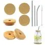 Bambus-Bauch-Gläser-Deckel mit Strohlöcher, 3er Pack – Wiederverwendbare Deckel für Weitmuнд-Bauch-Gläser mit 3er Pack Wiederverwendbare Edelstahl-Untersetzer und einer Reinigungsbürste