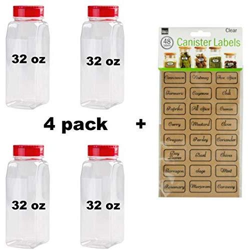 4 Pack - 32 Ounces Plastic Spice Jars, Storage Containers - Includes set of Canister Labels