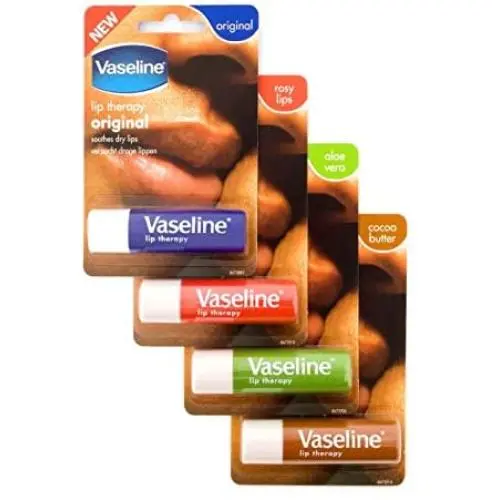 Vaseline Lip Therapy Stift mit Petrolzwiebel (Original, Aloe Vera, Rosy Lips, Cocoa Butter) – 4er Set