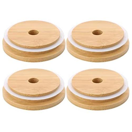 4Pcs Bamboo Mason Jar Lids with Straw Hole Reusable Bamboo Caps Leak-Proof Glass Canning Drinking Storage Jars Lid Covers (86mm)