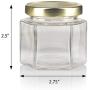 4 oz Clear Glass Thick Wall Hexagon Jars with Gold Metal Plastisol Lid (6 PACK) + Labels - Lead Free, Airtight Jar, Wedding and Shower Gifts