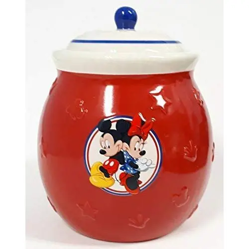 Mickey und Minnie Maus Roter Blau und Cremefarbener Keramik-Cookie-Jar-Lebensmittelflöscher-Behälter