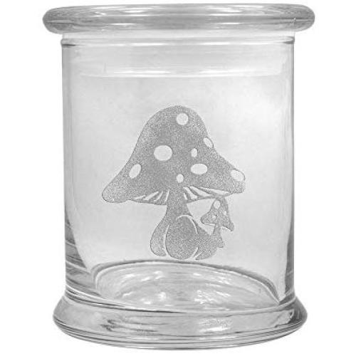12 oz Clear Glass storage Herb Stash Jar and Lid with Mushroom Logo