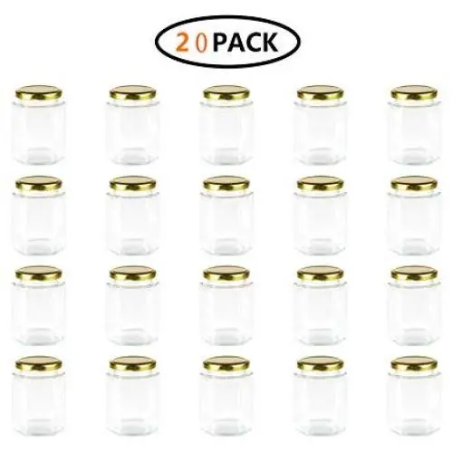 Encheng 10 oz Hexagon Jars,Clear Glass Jars With Lids(Golden),Mason Jars For Honey,Foods,Jams,Liquid,Herb Jars Spice Jars Canning Jars For Storage 20 Pack