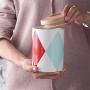 OnePine Set of 2 Food Storage Jar with Sealed Wooden Lid, Geometric Pattern Ceramic Storage Jar for Tea Sugar Coffee Bean Nuts Grain