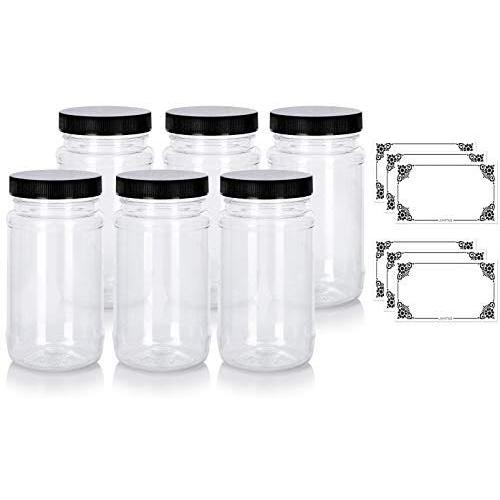 8 oz Clear PET Spice Bottle with Black Ribbed Cap (6 pack) + Labels