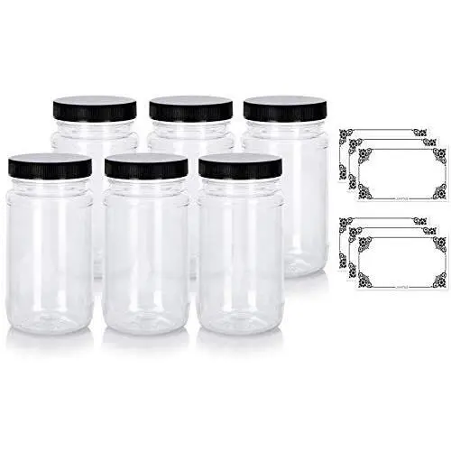 Bouteille à épices en PET transparent 240 ml avec bouchon rayé noir (6 pack) + Étiquettes Bouteille à épices en PET transparent 240 ml avec bouchon rayé noir (6 pack) + Étiquettes