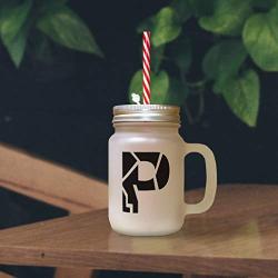 Green&quotP" Robot Initial Monogram Letter P Frosted Glass Mason Jar With Straw