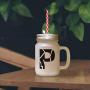 Green&quotP" Robot Initial Monogram Letter P Frosted Glass Mason Jar With Straw