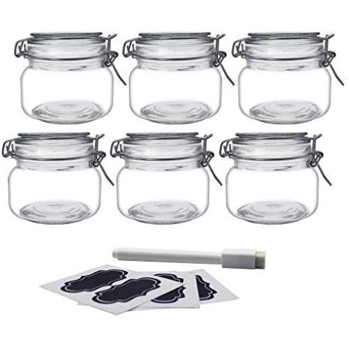 YEBODA 16oz Food Storage Canister Glass Jars with Clamp Airtight Lids and Silicone Gaskets for Multi-Purpose Kitchen Containers - Clear Square (6 Pack)