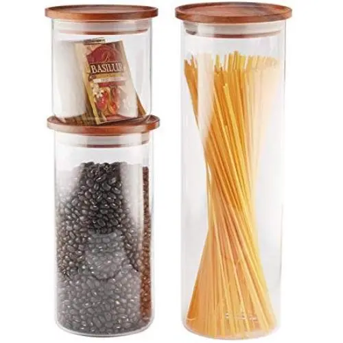 Essos Glass Jars with Wood Lids Set of 68oz 44oz 22oz Canisters Airtight and Stackable Storage Containers for the Kitchen holds Food Cookies Spaghetti