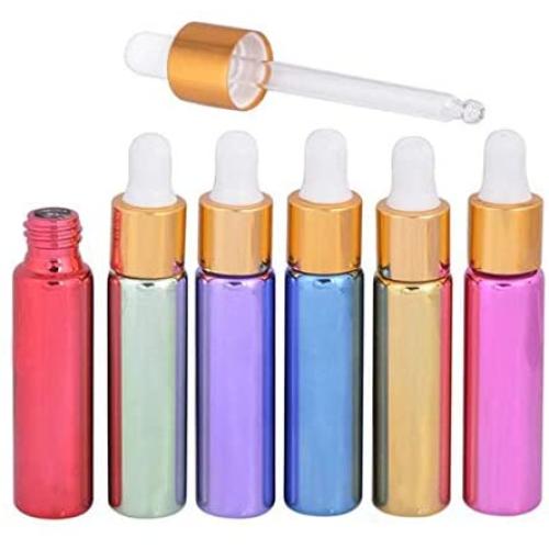 6PCS 10ML 0.3OZ Color Random Empty Glass Dropper Bottles with White Head and Pipette Essential Oil Perfume Holder Sample Jar Refillable Portable Cosmetic Container for Travel Daily Life