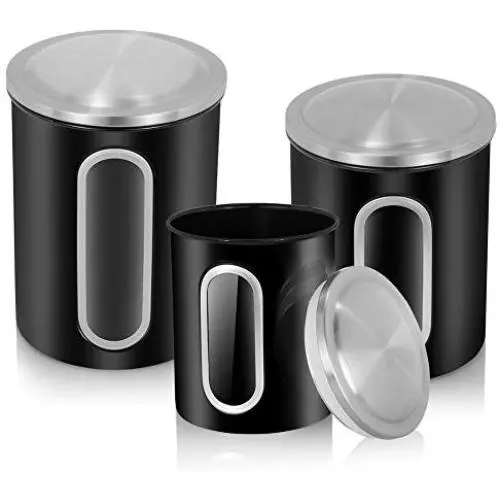 Ensembles de Canisters MLO pour Thé Café Sucre Aliments avec Couvercles Étanchés, Jeu de 3 Pièces (Noir)