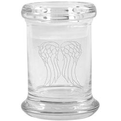 Clear Glass Herb Stash Jar with Lid 2.75 oz with Angel Wings Logo from Smoke Promos