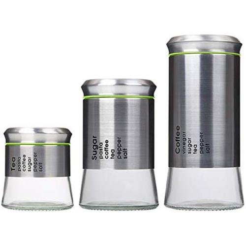 Cwg Set of 3 Stainless Steel Glass Storage Jars - Multipurpose Food Storage Canisters for Coffee Sugar Miscellaneous grains Snack Tea Candy