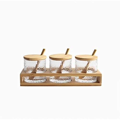 Mini Spice Jars Striped glass seasoning jar three-piece kitchen wood set