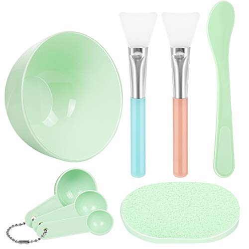 Facial Mask Mixing Bowl Set, Teenitor DIY Facemask Mixing Tool Kit with Silicon Face Mask Brush Facial Mask Bowl Stick Spatula Gauges Puff, Pack of 8, Green