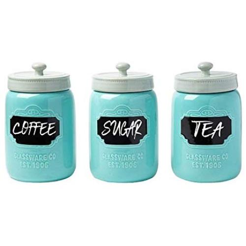 Mason Jar Ceramic Canister Set for Kitchen - Set of 3 Decorative Storage Containers with Air-Tight Lids for Coffee, Sugar & More - Country Style Storage w/Reusable Writable Surface - 12.85oz/Canister