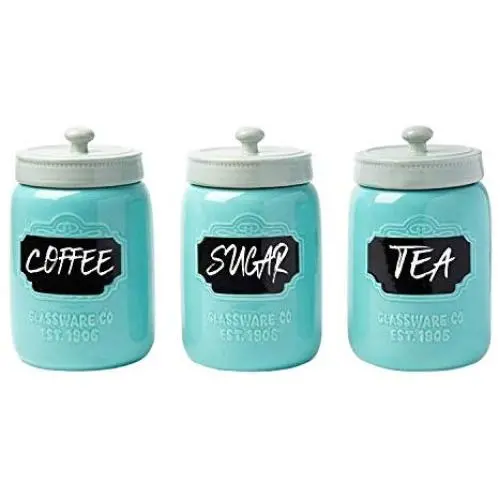 Mason Jar Ceramic Canister Set for Kitchen - Set of 3 Decorative Storage Containers with Air-Tight Lids for Coffee, Sugar & More - Country Style Storage w/Reusable Writable Surface - 12.85oz/Canister