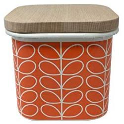 2 X ORLA KIELY LINEAR LEAF STEM ORANGE WHITE ENAMEL WOOD STORAGE JAR