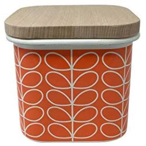 3 X ORLA KIELY LINEAR LEAF STEM ORANGE WHITE ENAMEL WOOD STORAGE JAR
