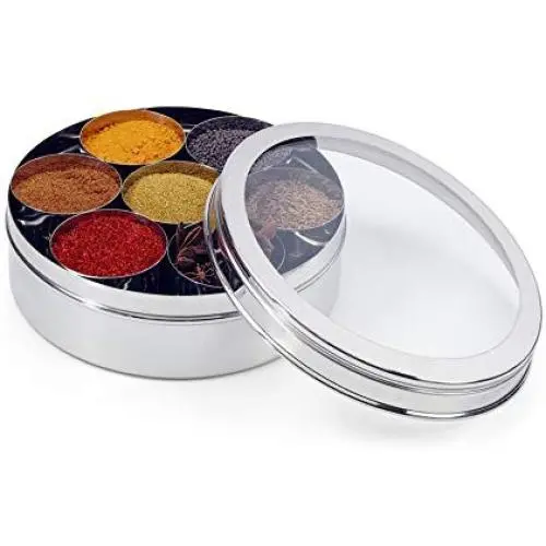 Zinel Stainless Steel Spice Box/Masala Dabba with 7 Comparments and Transparent Lid, 16cm