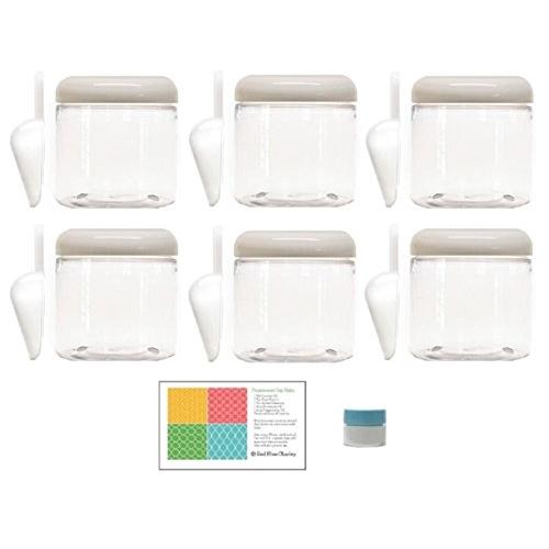 Clear 16 oz Plastic Jars White Dome Lids (6 pk) with Scoops - PET Round Refillable Containers