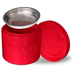 Ceramic Grease Container Keeper with Metal Stainless Steel Strainer and Lip for Easy Pour (Red)