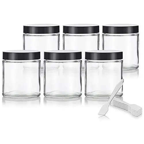 Clear Thick Glass Straight Sided Jar - 4 oz / 120 ml (6 pack) + Spatulas and Labels