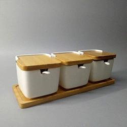 Kitchen seasoning box/Ceramic Condiment Storage Container with Bamboo Tray Lift lid Square jar Spice Jars Box (Color : A)