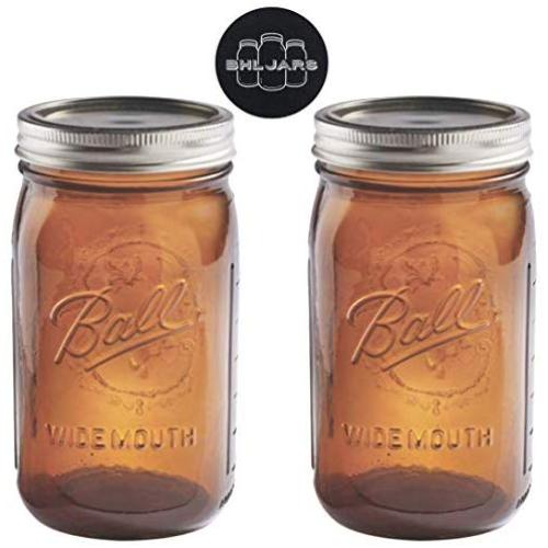 Ball Mason Jars 32 oz Wide Mouth Amber Colored Glass Bundle with Non Slip Jar Opener- Set of 2 Quart Size Mason Jars - Canning Glass Jars with Lids